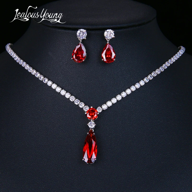 

Fashion Luxury Red Water Drop Zirconia Africal Party Jewelry Sets for Women with Round CZ Wedding Indian Jewellery Set Best Gift