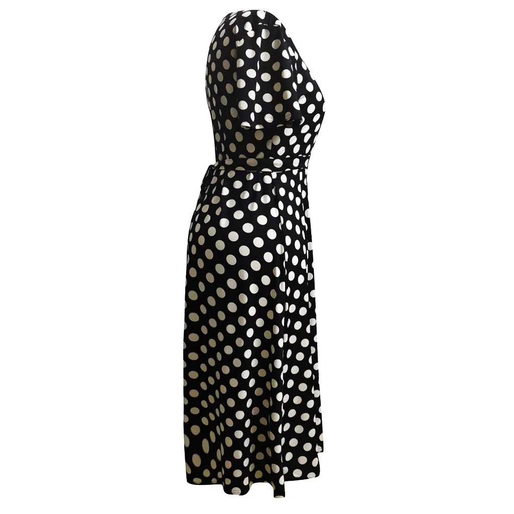 Женское Повседневное платье, винтажное элегантное платье с коротким рукавом размера плюс, женское платье в горошек с v-образным вырезом, вечерние ночные платья# BL40