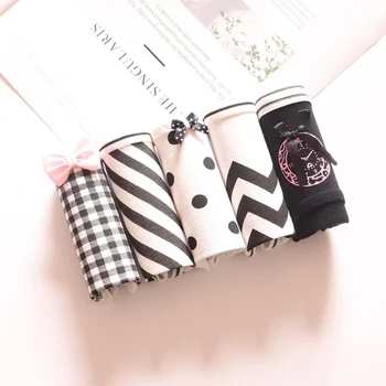 

5pcs/set Panties Women Cotton Bow Cartoon Printing Mid-Rise Underwear Briefs Sexy Bow Decoration Girls lingerie Underwear W1