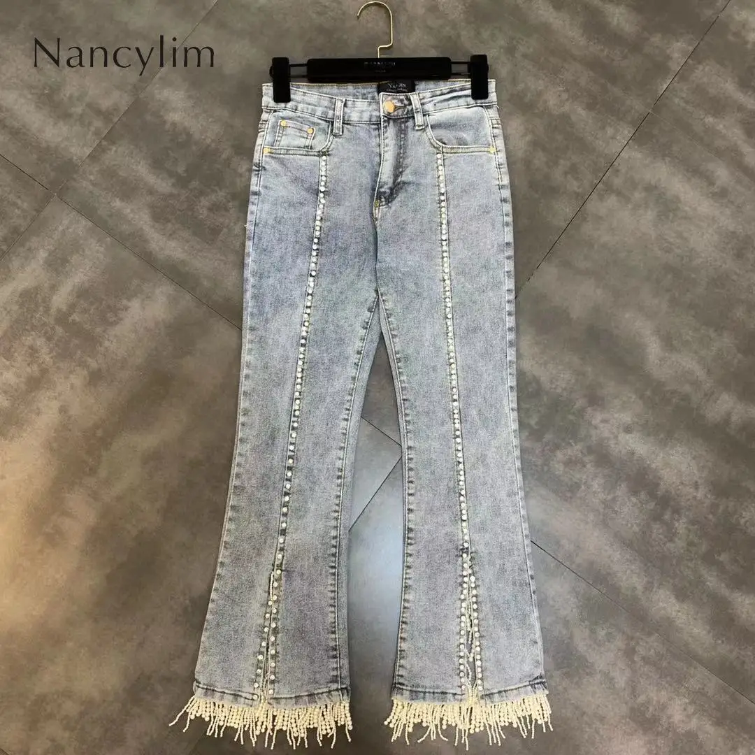 

2019 Autumn New Woman Pearl Beads Tassel Micro-fork Denim Pants Women's Jeans Female Lady High Street Vintage Jeans Nancylim