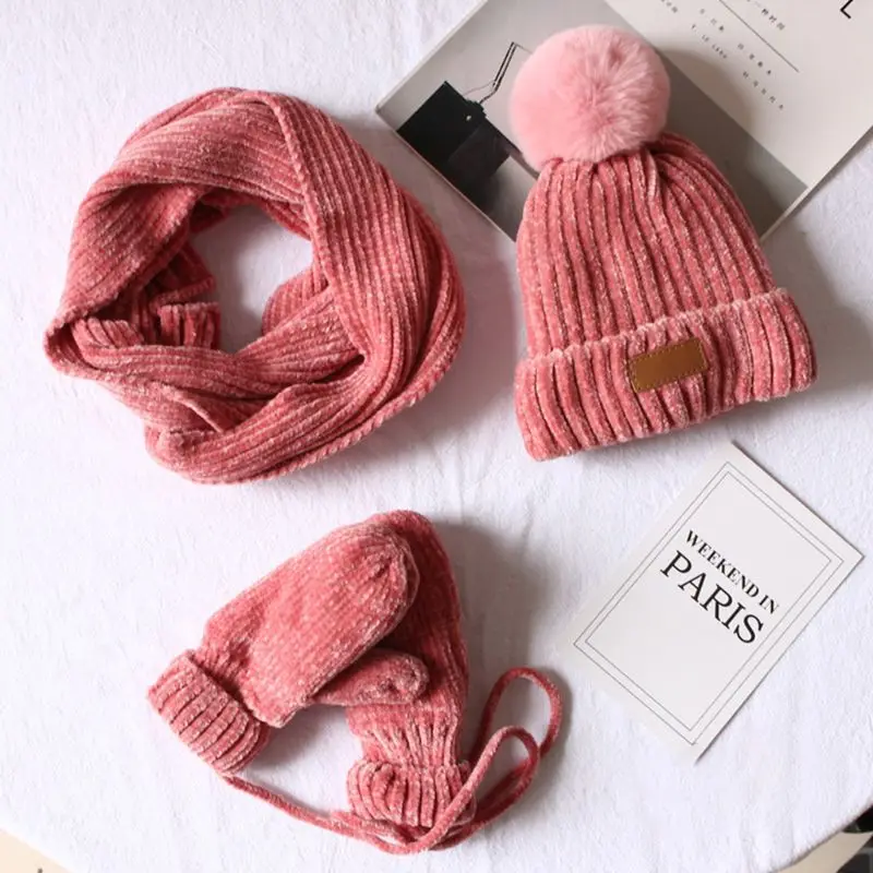 3 в 1 детская зимняя вязаная теплая вязаная шапка с помпоном, шарф, перчатки
