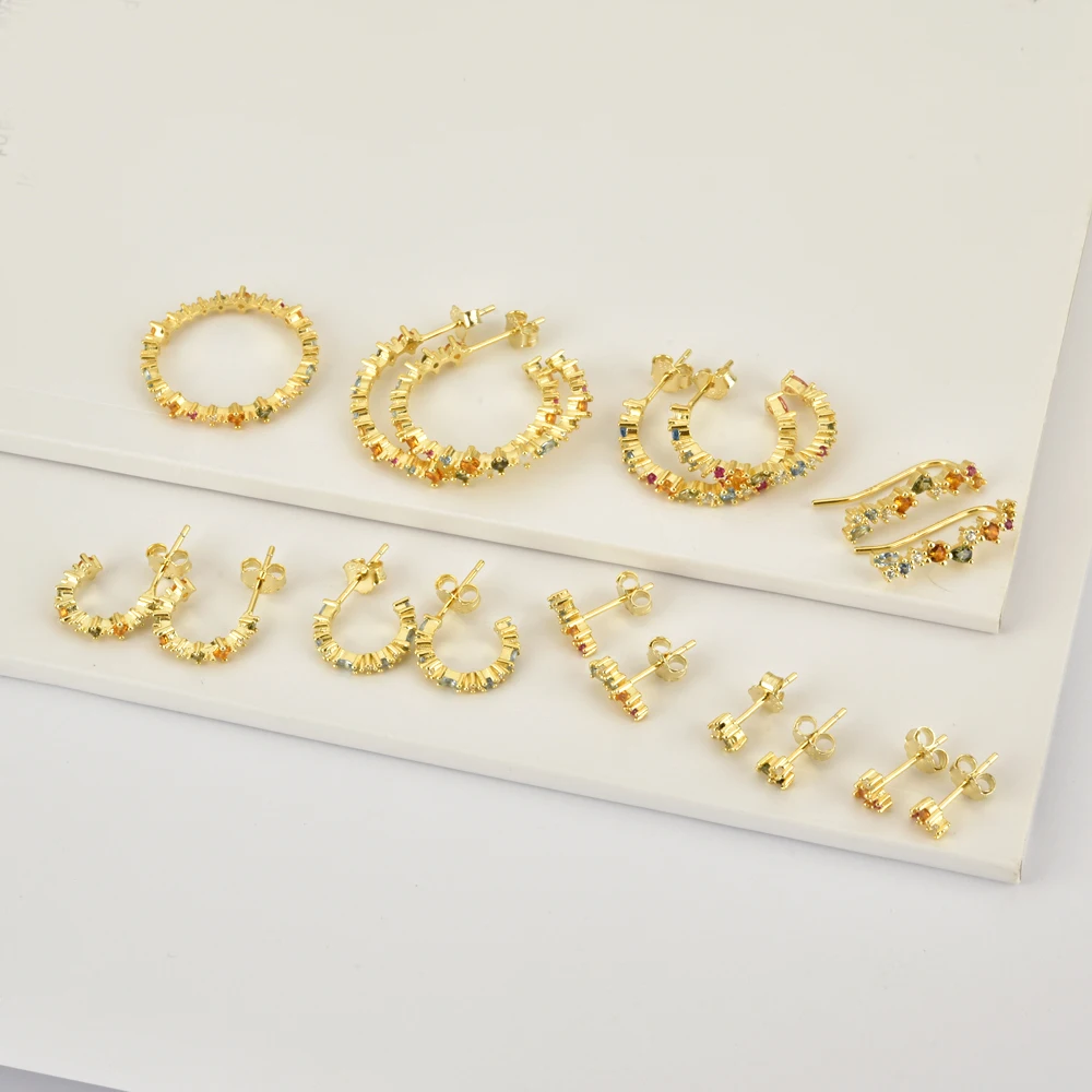 ANDYWEN 100% 925 Sterling Silver Rainbow Zircon CZ Big Hoops Circle Earring Round Piercing Pendiente Climber European Jewelry