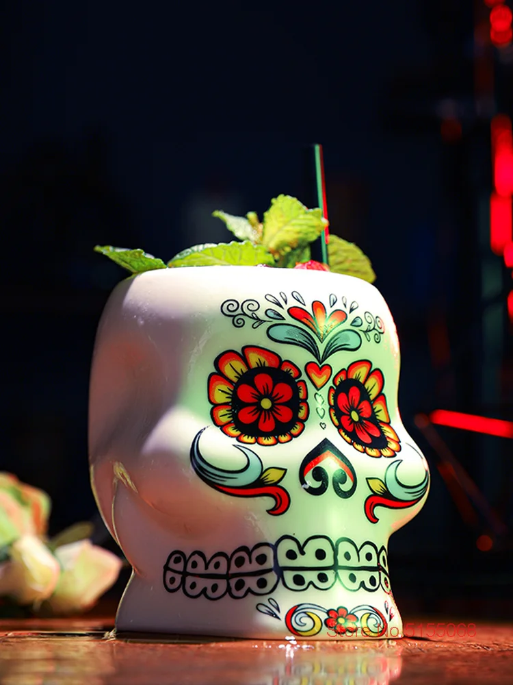 Cool Tattoo Face Skull DIY Blended Wine TIKI Mug Hawaii Bar Special Drinks Cocktail Glass Color Painted Ceramics Beach Party Cup