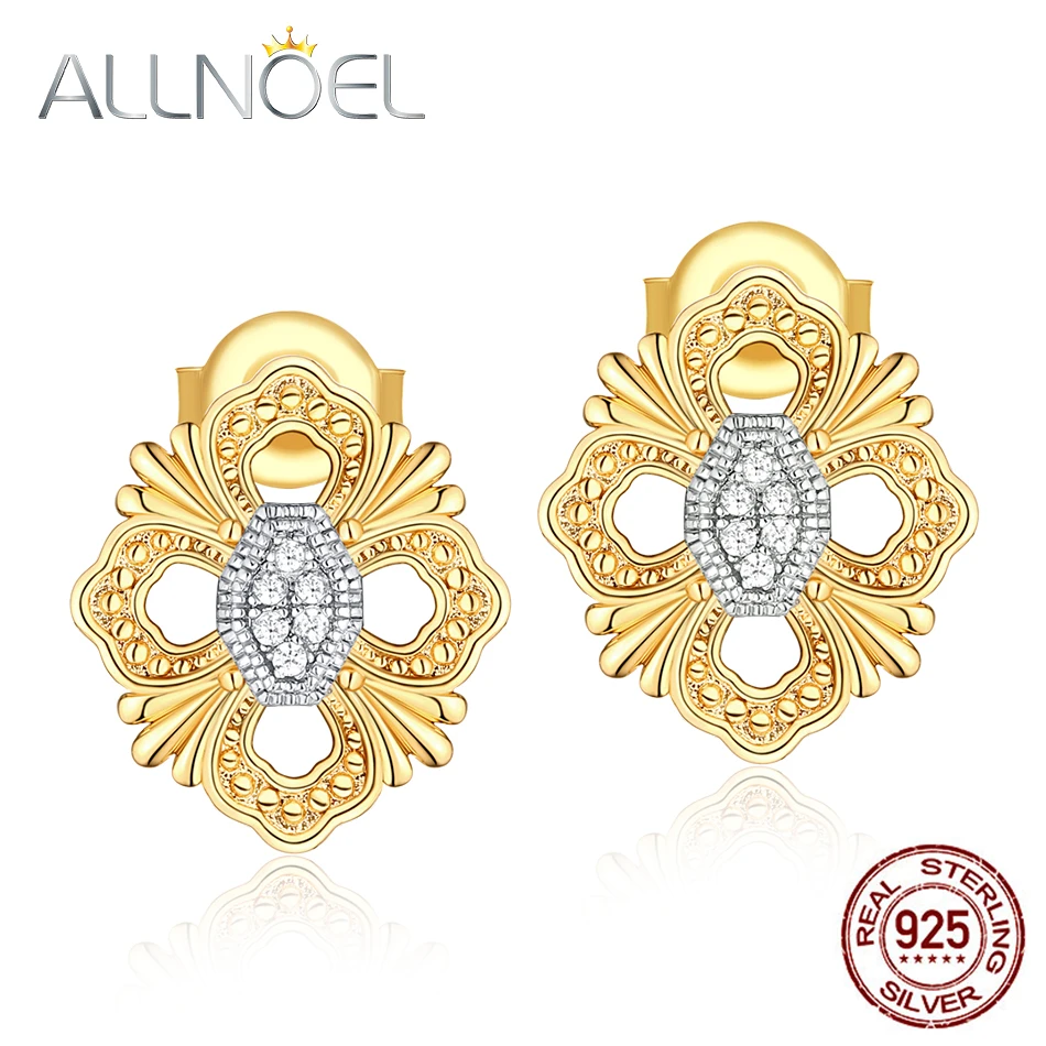 ALLNOEL, 925 пробы, Silve, Винтажные серьги для женщин, настоящее золото, кубический циркон, драгоценный камень, клевер, серьги- гвоздики, роскошные, хорошее ювелирное изделие