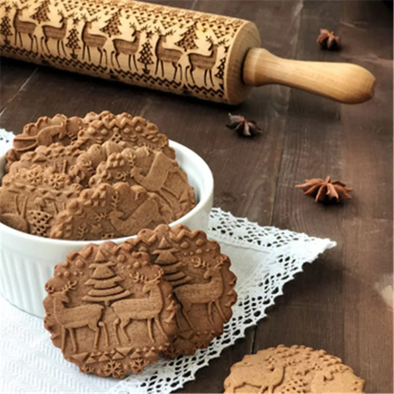 3D Christmas Rolling Pin Christmas Patterned Reindeer Snowflake Wooden Embossed Cookie Made Roll Pin Bakery Baking Pastry Roller 3D Christmas Rolling Pin Christmas Patterned Reindeer Snowflake Wooden Embossed Cookie Made Roll Pin Bakery Baking Pastry Roller