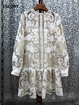 

Top Quality New 2020 Spring Summer Dress Women O-Neck Allover Exquite Embroidery Long Sleeve White Brown Dress Silk Cotton