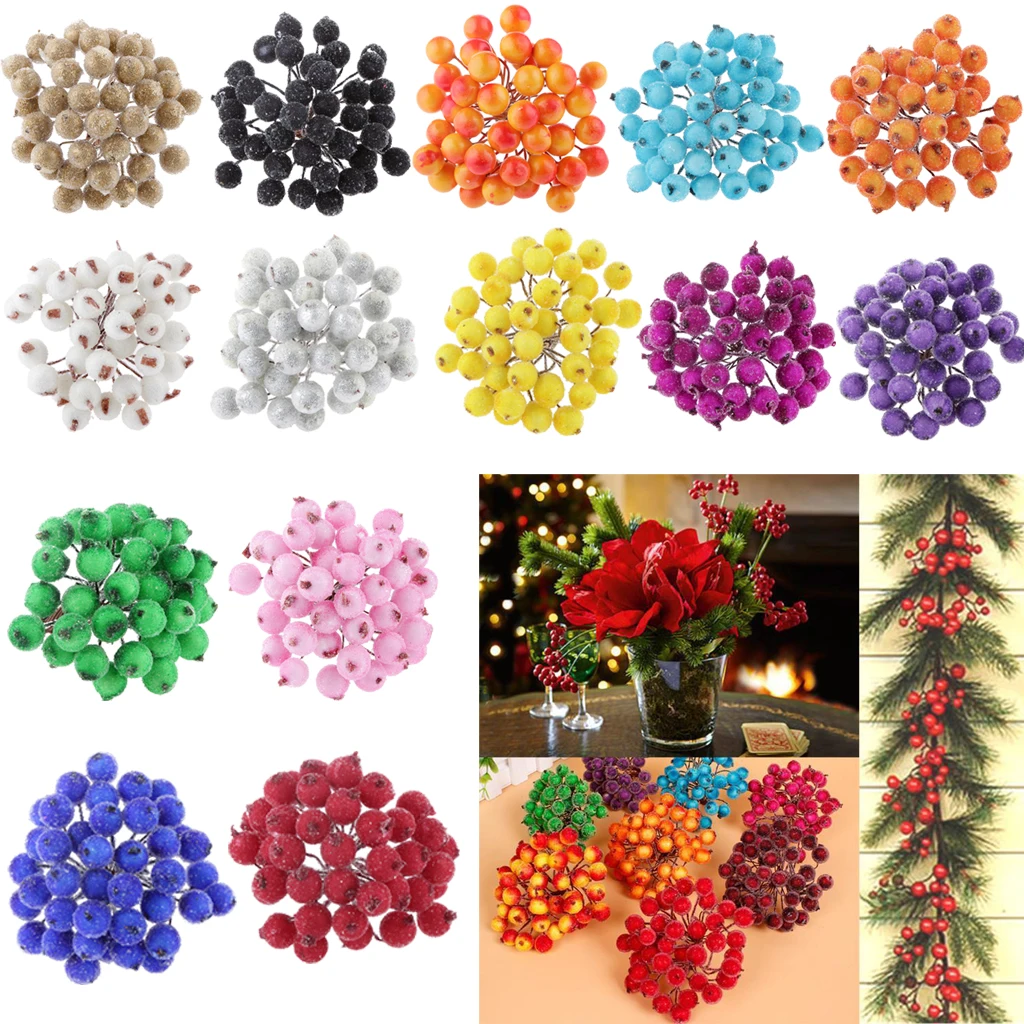 200pcs Mini Christmas Frosted Fruit Berry Holly Artificial Flower Decor 14 Colors