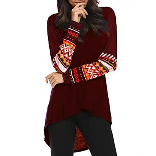 Wine Red Повседневная Женская одноцветная с длинным рукавом с принтом и неровным подолом, свободная тонкая толстовка с капюшоном - Цвет: Wine Red