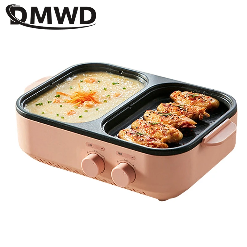 DMWD Household Baking Pan Electric Frying and Roasting Pan 1L Hot Pot Barbecue Grill Baking Machine Multicooker Smokeless 220V 4