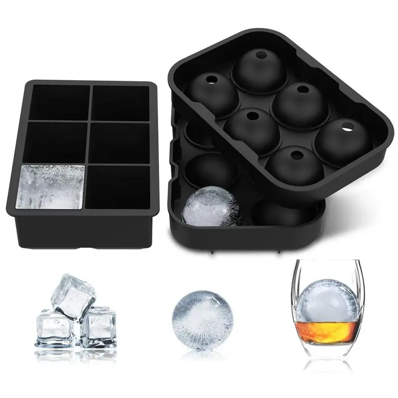 ABUI-Ice Square Trays(Set of 2) Black Silicone 6 Giant Ice Ball Square Maker Use for Kids with Candy Pudding Jelly Milk Juice C