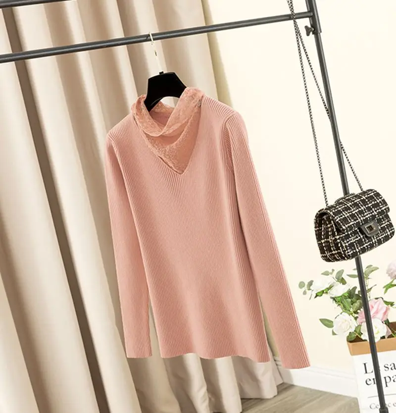 Pink 9388 GIGOGOU, кружевной свитер с вышивкой, Женский Зимний пуловер, свитер, топ, толстый, v-образный вырез, мягкий, вязаный джемпер, шикарный, длинный рукав, Рождественский свитер - Цвет: Pink 9388