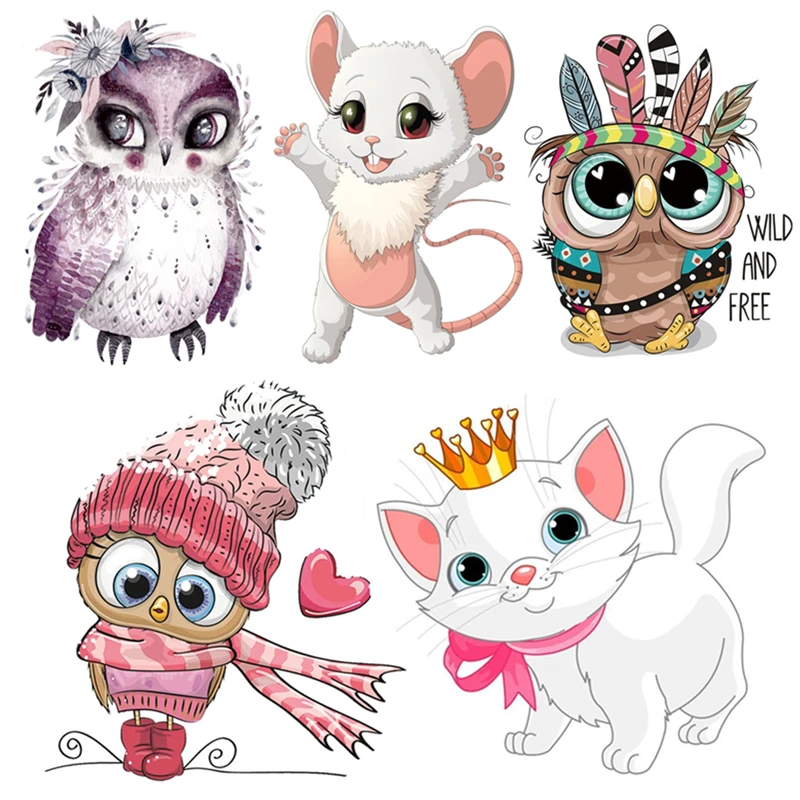 Fashion Cartoon Animals Heat Transfer Patches For Clothes iron on DIY Thermal Stickers Owl Cat Pattern Patch T Shirt | Дом и сад