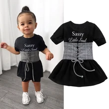 Г. Модное детское платье с длинными рукавами и буквенным принтом для маленьких девочек+ клетчатое Бандажное платье с широким поясом на талии, повседневные праздничные платья весенне-летняя одежда