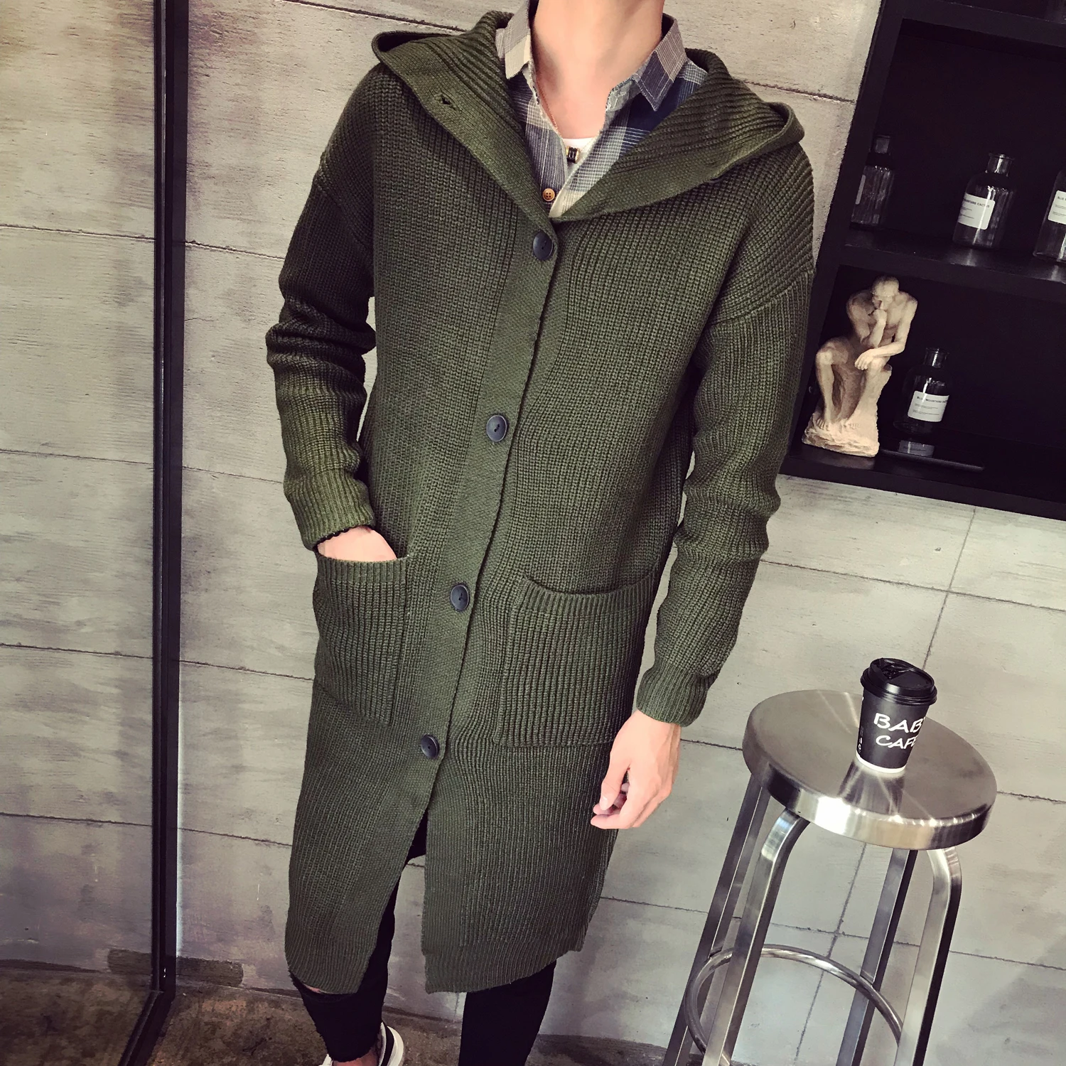Mens Sweaters for 2019 Fashion Hooded Cardigan Men Green Black Sweater Mens Long Cardigan Single-breasted Winter Sweater Men