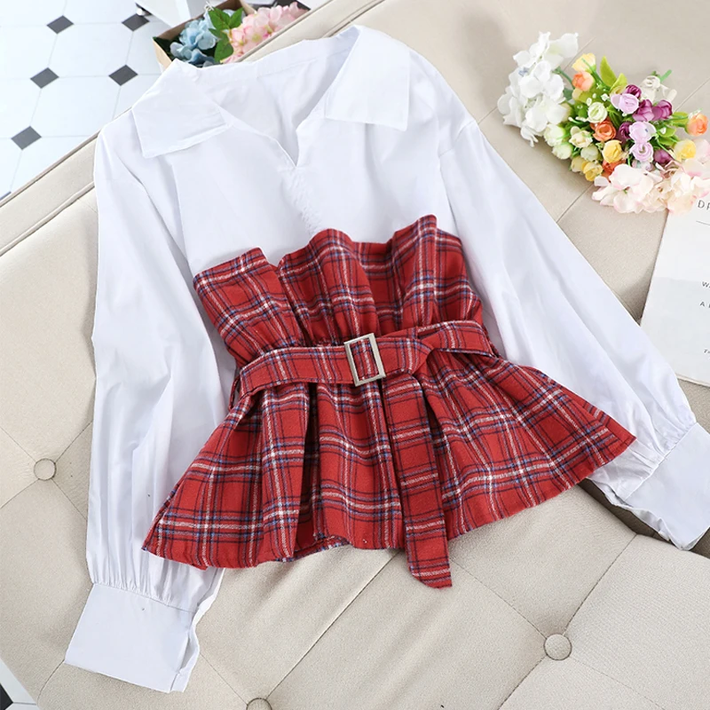 Женская винтажная блузка с баской красная клетчатая Элегантная в стиле пэчворк