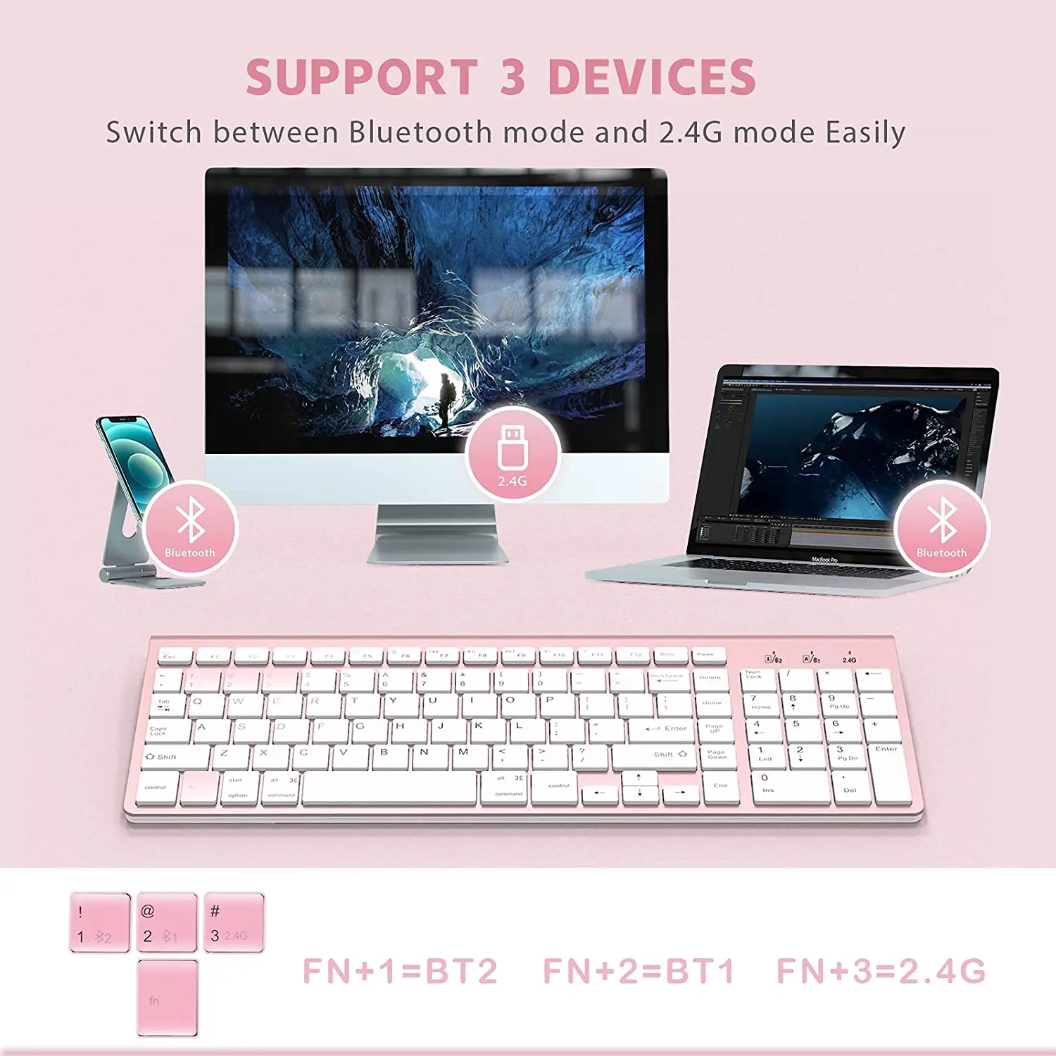 Wireless Bluetooth Keyboard, 2.4 GHz Connection Technology, Ergonomic Design, Suitable For PC Computers (Pink--Blue--Silver)。