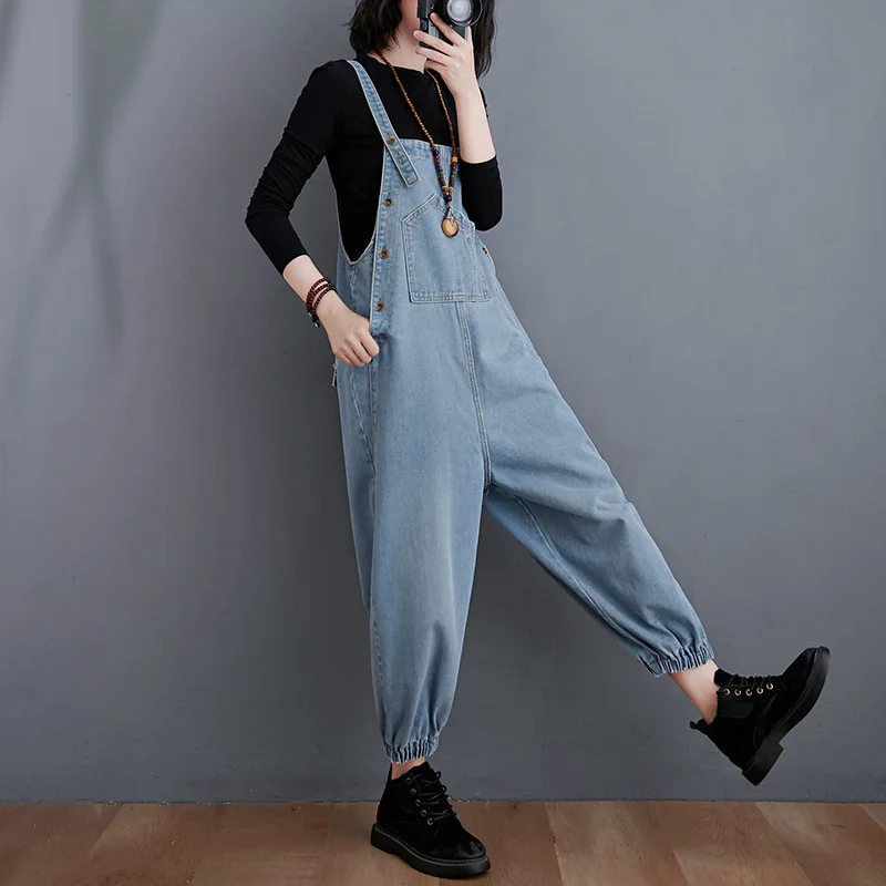 Plus Size Casual Denim Overalls Women 2020 Spring Autumn New Spaghetti Strap Pocket Loose Fashion Jumpsuit Jeans Rompers