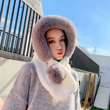 

Kagenmo Female Warm Winter Coral Fleece Cap Thick Fleece Long Style Ear Neck Proteciton Cap Scarf One-Piece Thermal