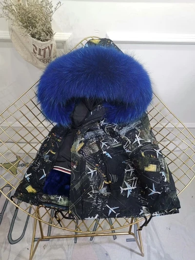 Children Winter Jacket Graffiti Boys Girls Real Fur Coat Thick Warm Rabbit Fur Kids Jacket Coat Furry Natural Fur Collar TZ428 - Цвет: Royal Blue Fur