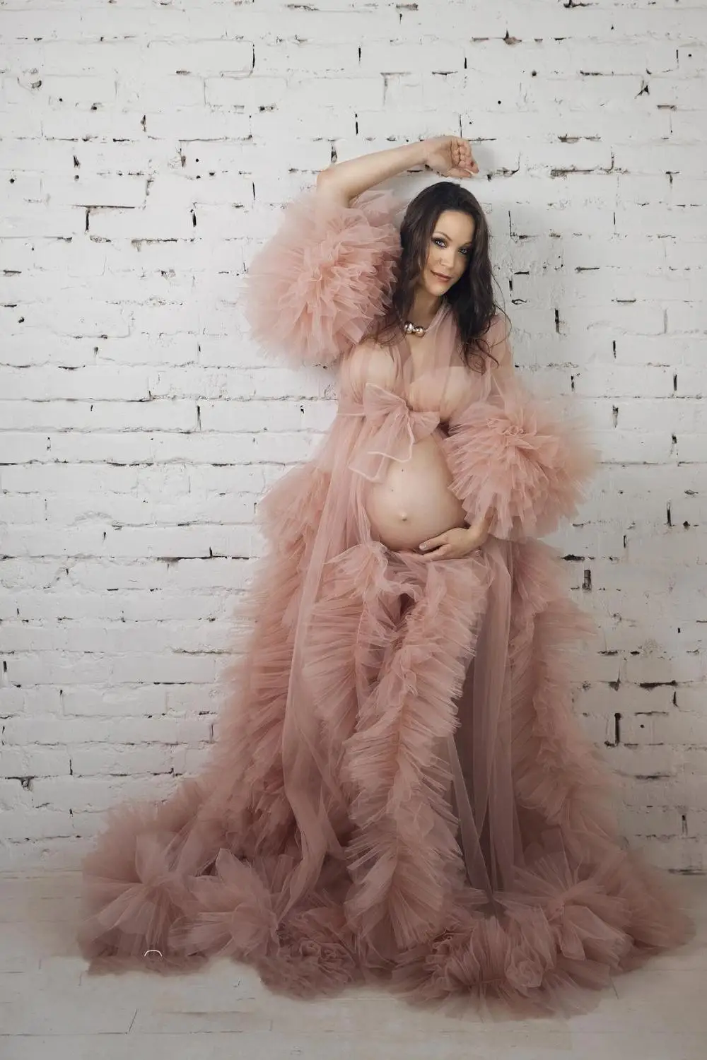 

Румяна Иллюзия оборки Тюль с длинным рукавом Женское зимнее пикантное кимоно одежда для сна для беременвечерние женский халат прозрачная ночная рубашка халат