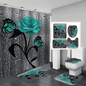 

4pcs Rose Pattern Shower Curtain Waterproof Shower Curtain Bathroom Curtain Gifts Geometric Printed Screen For Bath Navidad