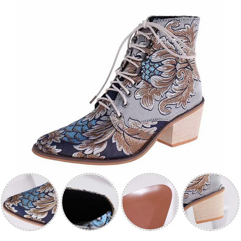 PUIMENTIUA/Коллекция года; сезон весна; женские полусапожки в стиле ретро с вышитыми цветами; женские ботильоны на шнуровке; женские ботинки на массивном каблуке; Botas Mujer