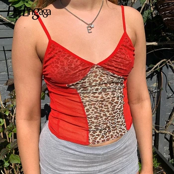 

Darlingaga Fashion Leopard Print Club Party Top Female Strap Mesh Patchwork Y2K Summer Crop Tops Camis Streetwear 90s Tee Short