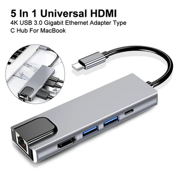 

5 In 1 HDMI 4K High Speed Gigabit Ethernet Universal U Disk USB 3.0 Stable Multifunctional Type C Hub Aluminum Alloy For MacBook