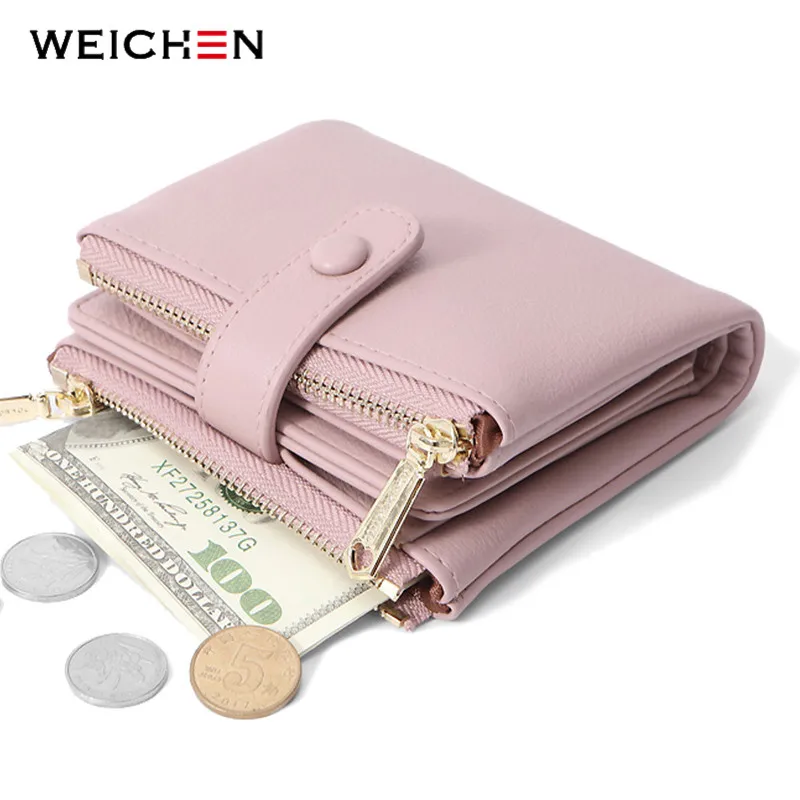 WEICHEN-cartera de diseñador de dos bolsillos con cremallera para mujer, monedero pequeño de piel sintética, titular de la tarjeta femenina