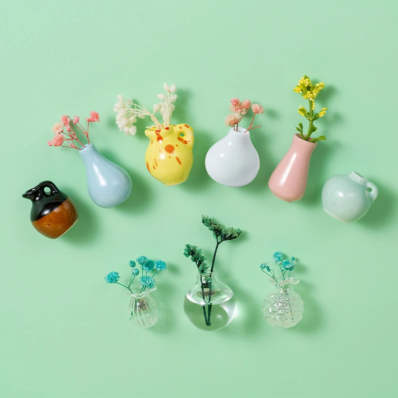 3-10pcs Mini Ceramics Vase Fridge Magnets Label Bonsai Magnet Button Potted Simulation Flower Vase Refrigerator Message