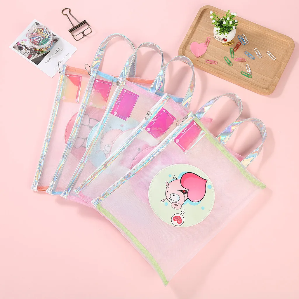 Cute Cartoon Pig Document Bag Creative Mesh Laser Transparent Net Red File Office Stationery Organizer Storage Boxes F1126 | Дом и сад