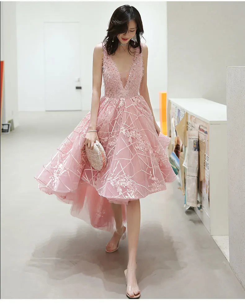 Sexy Backless Pink High Low Prom Dresses 2019 Plus Size V-neck Feather Sequined Lace Short Front Long Back Gala Dress