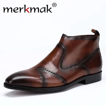 

Merkmak Men Autumn Boots Genuine Leather Chelsea Boots Handmade High-top Pointed Toe Party Wedding Shoes for Men Big Size 37-46