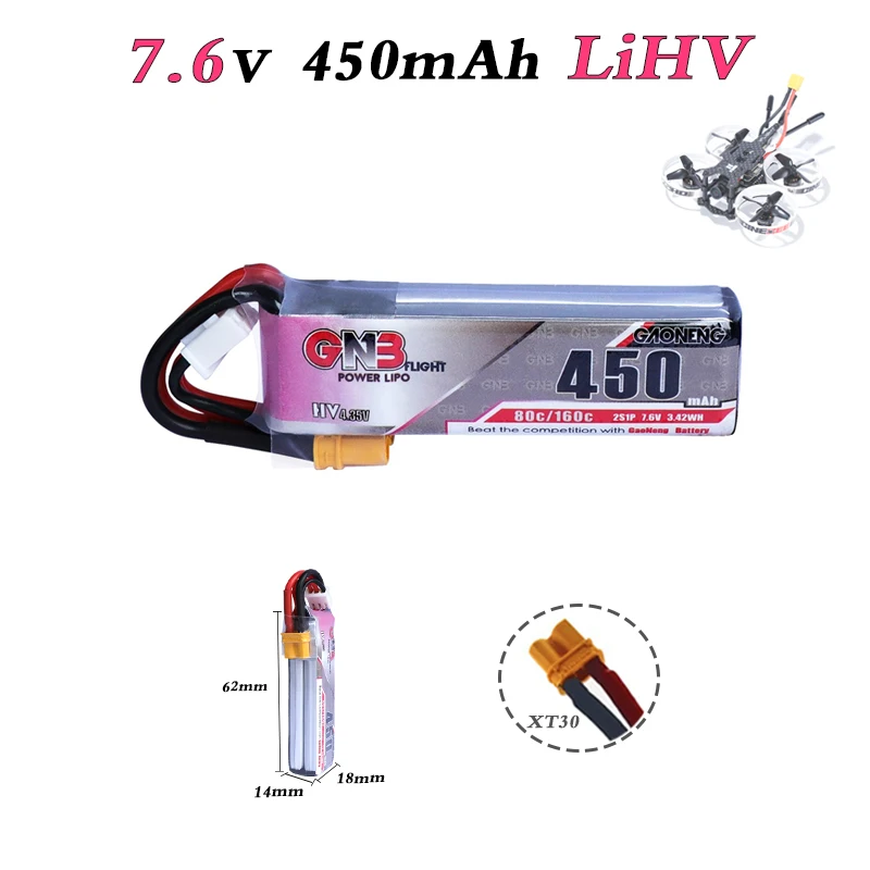 Gaoneng GNB 450 мАч 2S1P 7 6 В 80C/160C LiHV батарея 2S Lipo с разъемом XT30 для iFlight CineBee Whoop Beta FPV