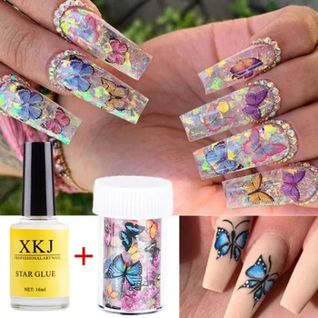 

2Pcs/set Transfer Foil Gel Nail Polish Adhesive Sticker Nail Glue Soak Off UV Printing Gel Varnish With Nail Butterfly Sticker