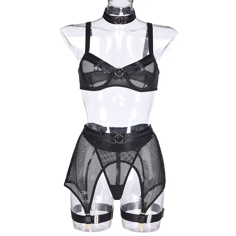 sexy bra panty set 4-Piece Mesh Bra Sets Transparent Metal Ring Patchwork Underwear Women Set Underwire Ladies Lingerie Sexy Set with Garter Belt sexy bra and panty set