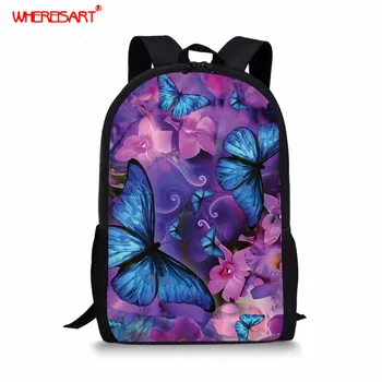 

WHEREISART Butterfly Printing School Bags for Primary Kids Flower Pattern School Shoulder Bags Children Canvas Large Backpacks