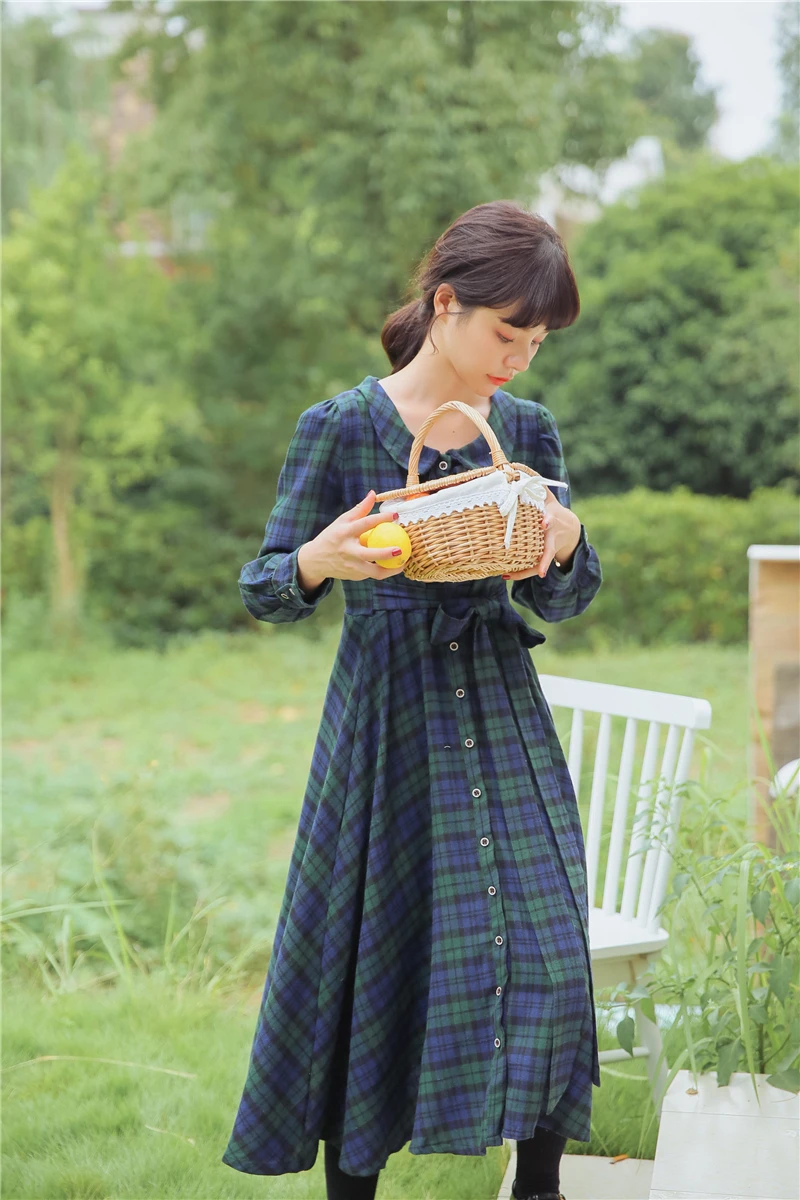 Женское длинное платье весна-осень,элегантное клетчатое платье-рубашка,приличное платье в клетку,винтажное миди платье с длинным рукавом и поясом,японского стиля"Mori Girl",зеленого и темно-синего цвета