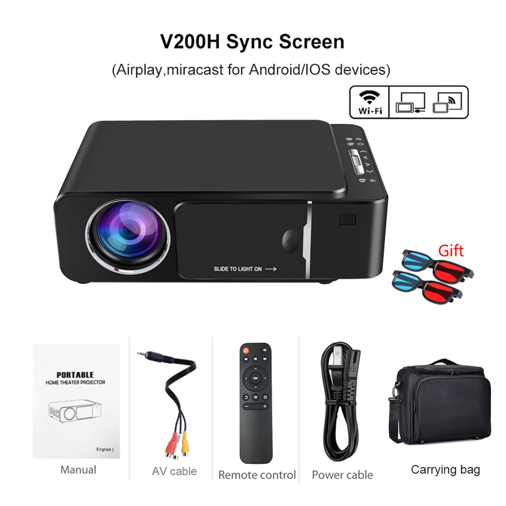 VIVICINE 1280x720p Портативный HD проектор, опция Android 7,1 HDMI USB 1080p домашний кинотеатр проектор wifi мини светодиодный проектор - Цвет: V200H Sync Bag