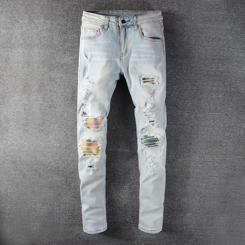 

Fashion Streetwear Men Jeans Light Blue Destroyed Slim Fit Ripped Jeans Men Denim Punk Pants Patchwork Designer Hip Hop Jeans