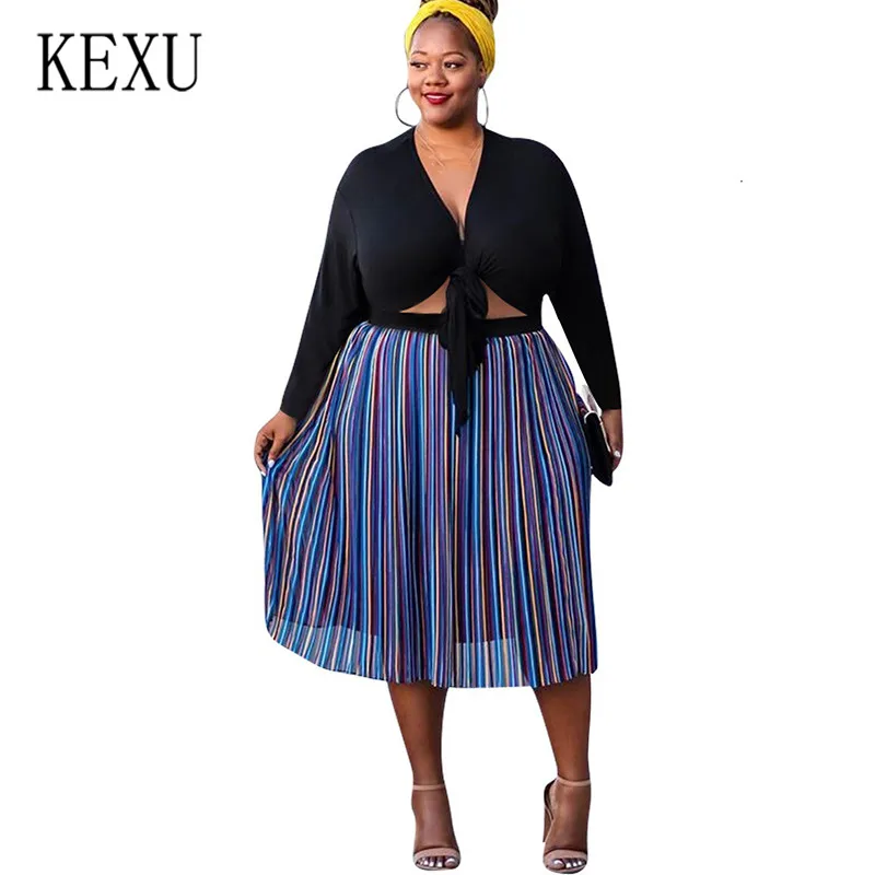 

KEXU Autumn Big Size Women Dress Casual Print Patchwork Vintage Striped Plus Size 4XL Femme Dress Elegant V-neck Party Dresses