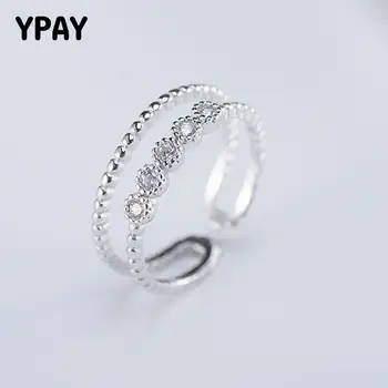 

YPAY 100% Real 925 Sterling Silver Double Layers Open Rings For Women Luxury Clear Zircon S925 Jewelry Christmas Gifts YMR478