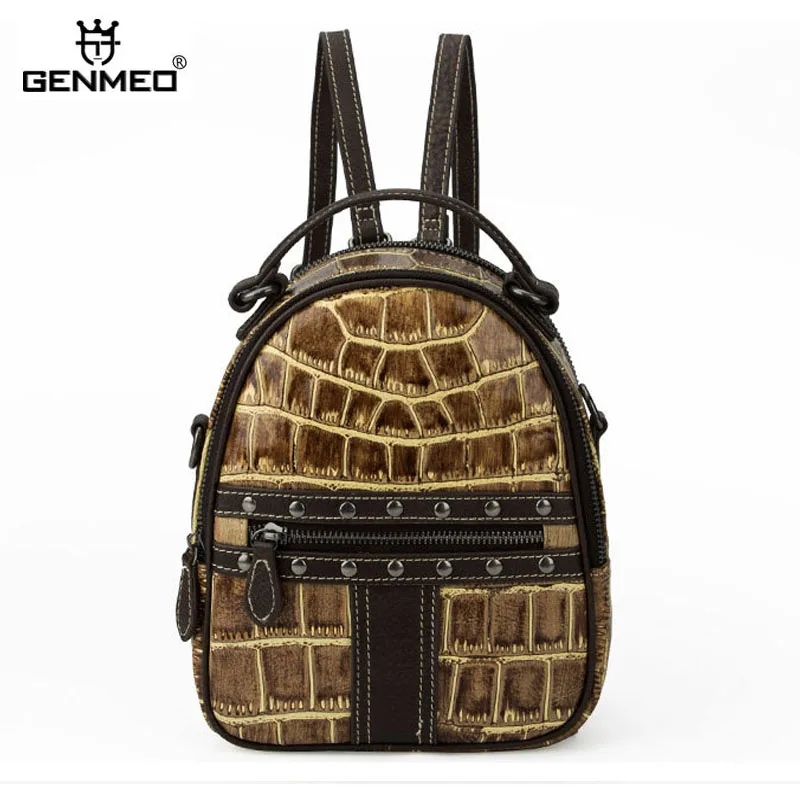 

GENMEO Genuine Leather Backpack Ladies Alligator Small Cowhide Leathe Shoulder Bag Female Cow Leather Backpacks Feminina Bolsa
