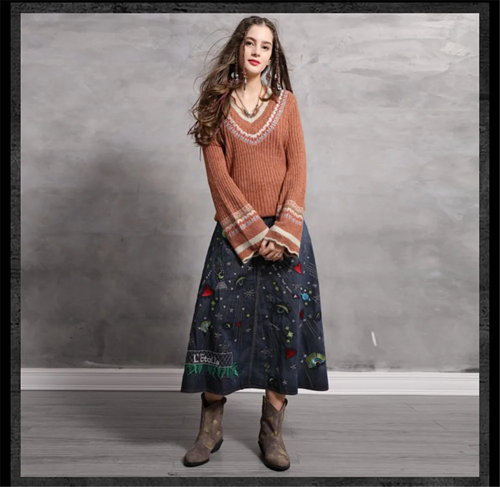 Spring Women Embroidery Loose Sweater 2020 Knitting Cotton Wool Pullover Flare Sleeve V neck Christmas bottoming Sweaters 9268 (9)