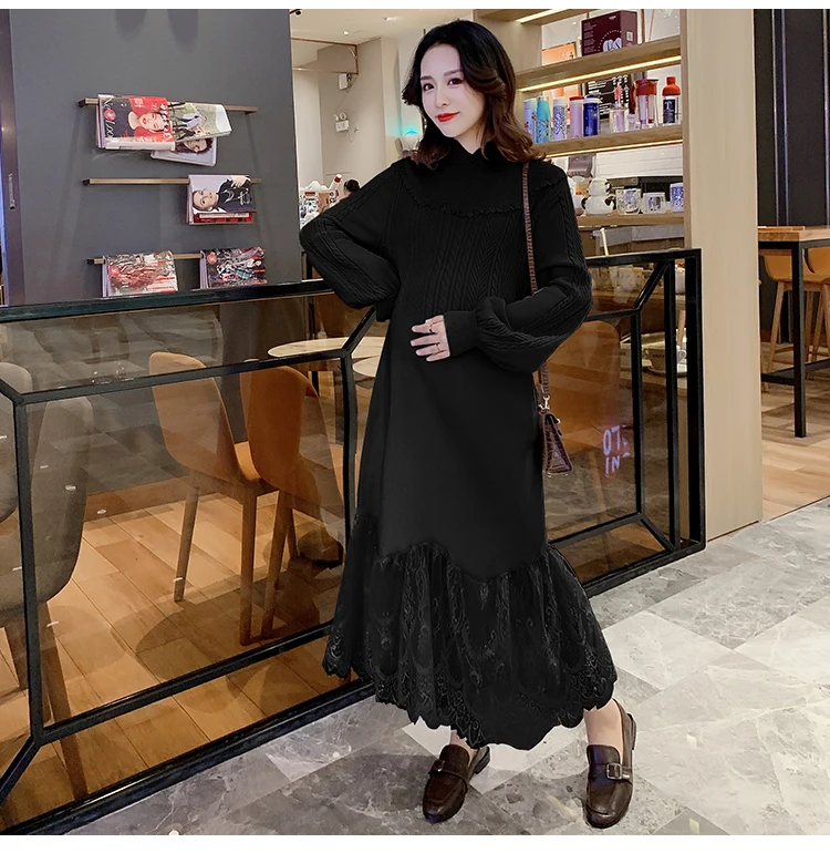Winter Fashion Maternity Knitting Party Dress Lace Ruffles Patchwork Irregular Pregnant Women Trumpet Dress New Year Maxi Dress