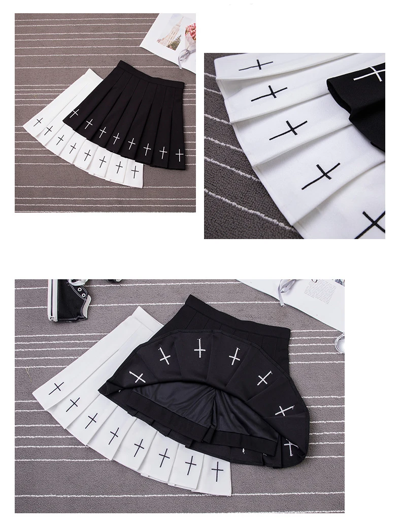 Black Mall Goth Pleated Mini Skirt Woman Cross Gothic Punk Emo EGirl Skirts Lolita Dark Aesthetic Grunge Alternative Clothes