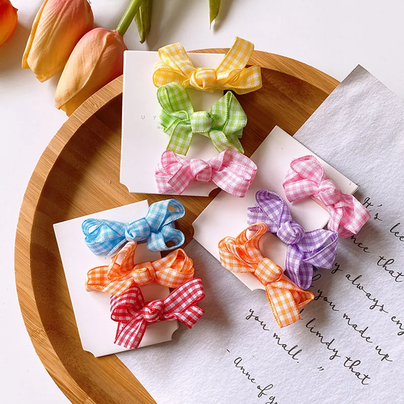 

3 Pcs New Korean Sweet Girl Simple Small Fresh Plaid Fabric Bow Duckbill Clip Fashion Children Baby Hairpins Hair Accessories