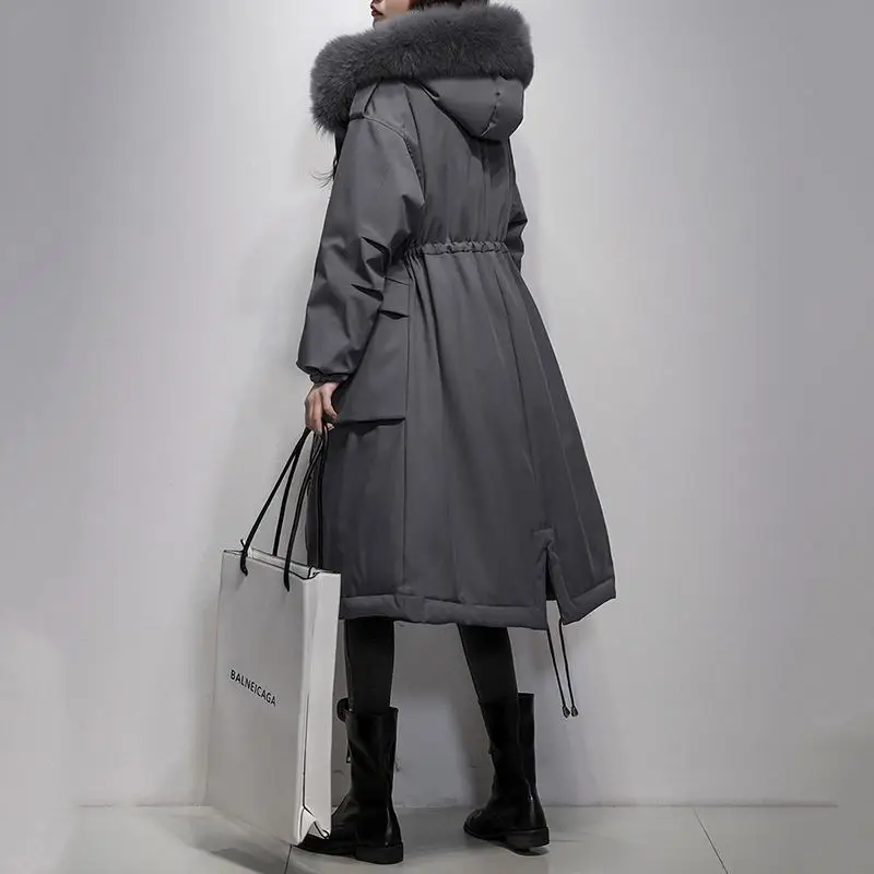 

Women 2020 WInter 90% White Duck Down Jacket Female Real Fox Fur Collar Hooded Loose Long Down Parkas Thick Warm Outerwear N153