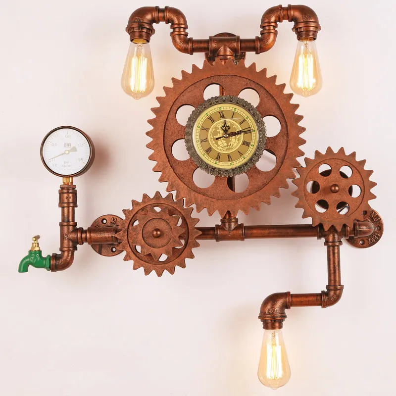 Белый american retro wall lamp clock wall light LED E27 industrial wind water pipe decoration sconce iron lamp body red copper - Цвет абажура: Белый