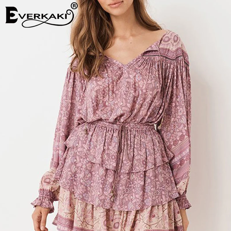 Everkaki Boho блузки с цветочным принтом, Рубашки, Топы, женские, с кисточками, с завязками на шее, с длинными рукавами, винтажные топы, блузки, женские,, Осень-зима